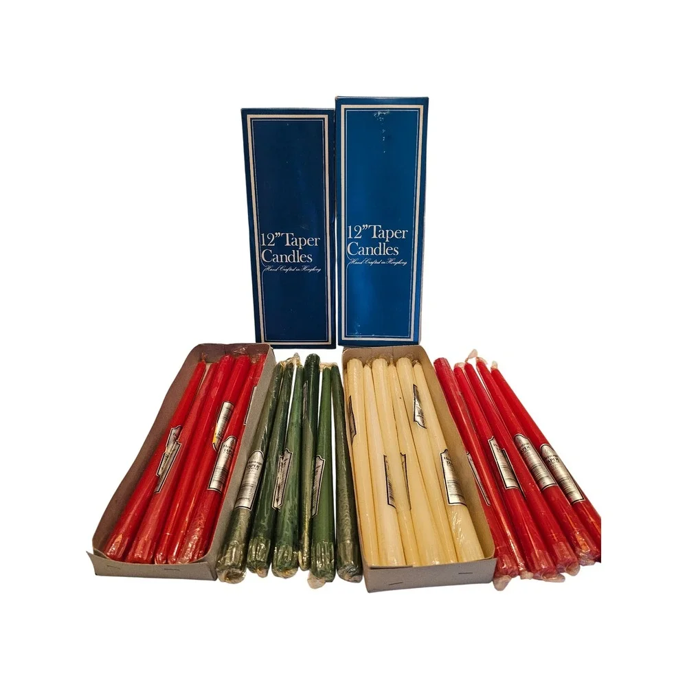 Vintage Heritage 12 Inch Taper Candles Lot Red Green Cream Hand Crafted 24 Count